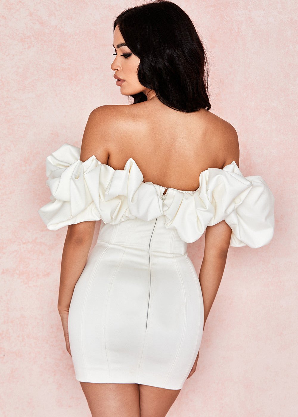Off Shoulder Structured Ruffle Neckline Corset Panel Mini Dress