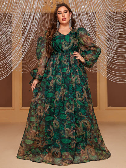Plus Size Chiffon Maxi Dress Long Sleeve Elegant Random Print Maxi Dress for
