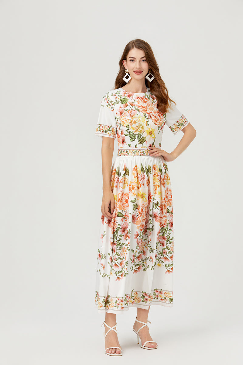 Floral Short Sleeve A Line Elegant Dress