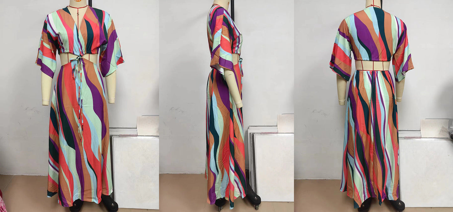Color Matching Five Point Batwing Sleeve Cropped Outfit Strap Dress