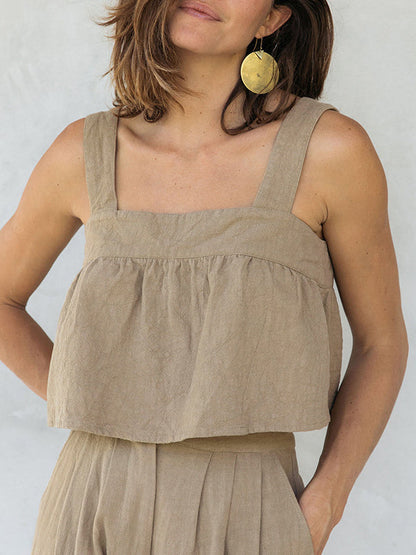 Plain Cotton And Linen Backless Tank Top