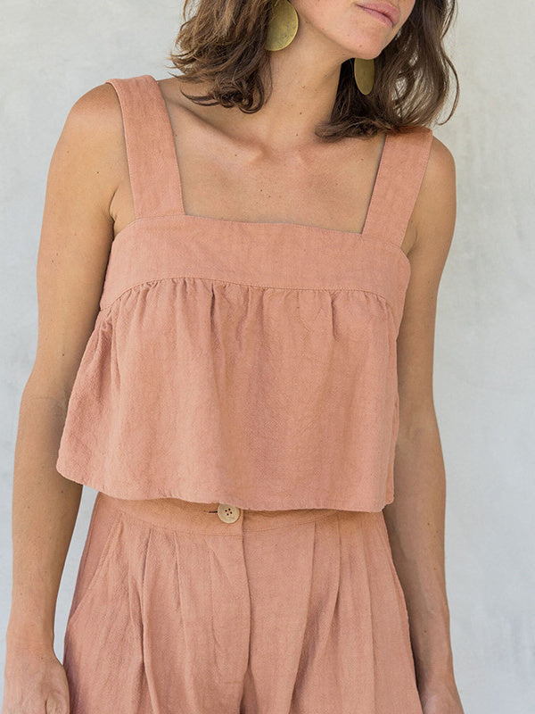 Plain Cotton And Linen Backless Tank Top