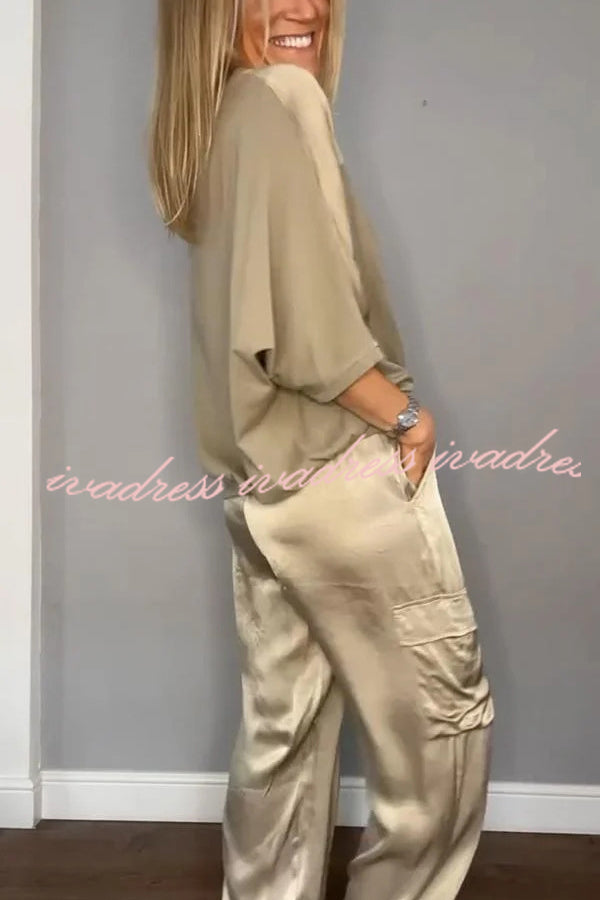 Calissa Smooth Satin Half-sleeved Top and Elastic Waist Pocket Pants Set