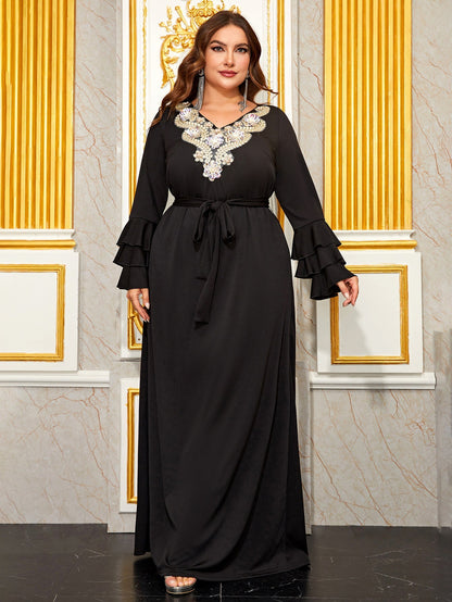 Plus Size Long Sleeve V Neck Chest Three Dimensional Floral Ornament Micro Pull Multi Layer Ruffle Sleeve Dress
