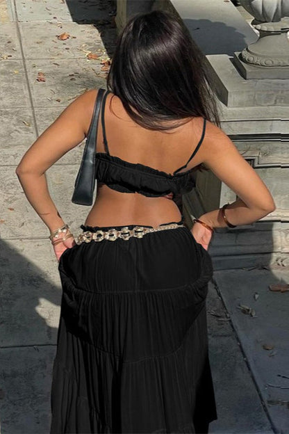 Vacation Style Solid Color Wrap Bodice Halter Skirt Set