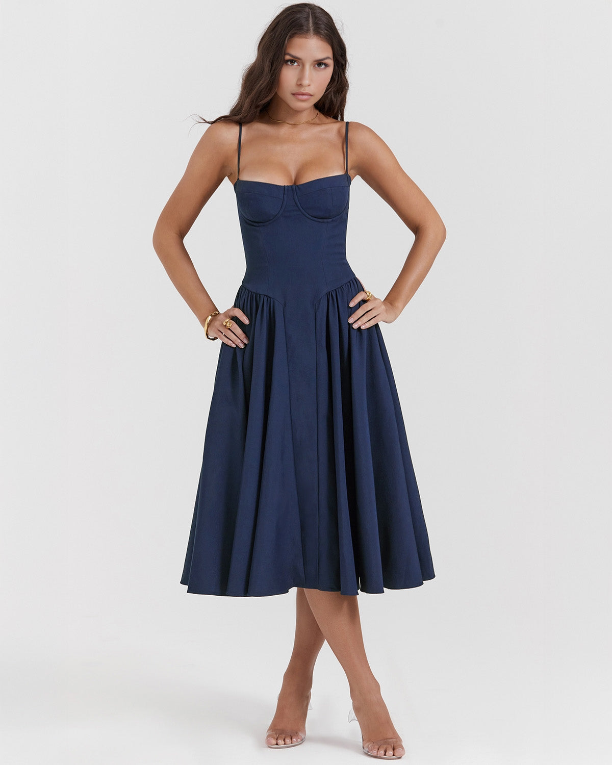 Bustier Spaghetti Strap Underwire Cup Dropped Waist Pleated Midi Dress