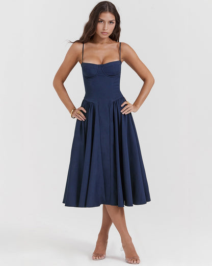Spaghetti Strap Corset Bodice Basque Waist Pleated A-Line Midi Dress