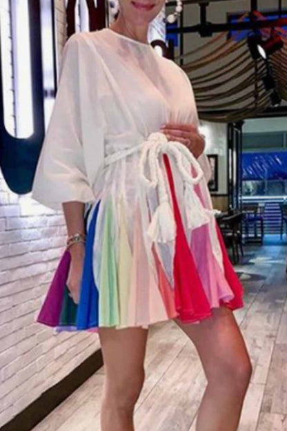 Balloon Sleeve Tie Waist Colorblock Pleated Panel Mini Dress