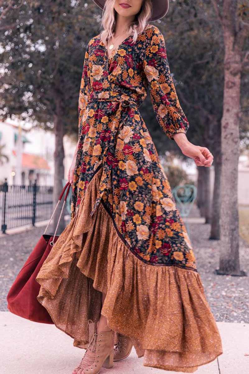Floral Print Wrap V-Neck Tie Belt Balloon Sleeve High-Low Tiered Maxi Dress