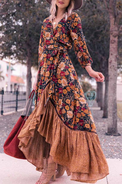 Floral Print Wrap V-Neck Tie Belt Balloon Sleeve High-Low Tiered Maxi Dress