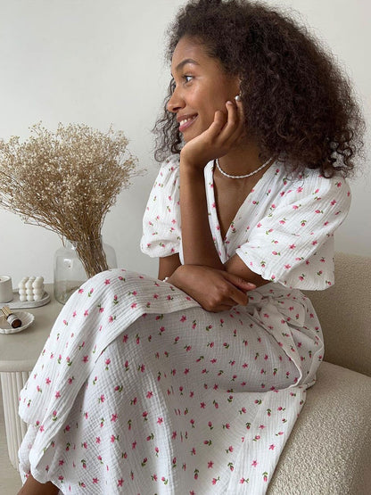 Pure Cotton Bandage Wrap-up Puff Sleeve Printed Comfort Maxi Dresses