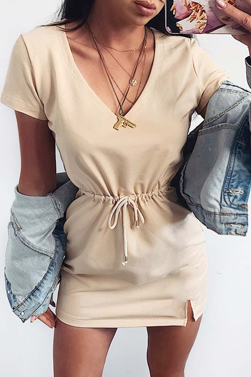 Drawstring Waist V Neck Side Slit Short Sleeve T-Shirt Mini Dress
