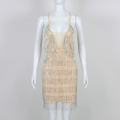 Graceful Rhinestones Tassel V neck Dress