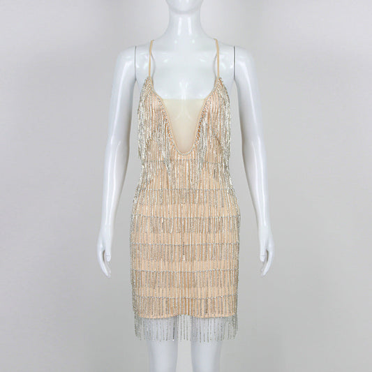 Graceful Rhinestones Tassel V neck Dress