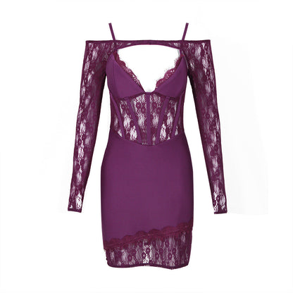 Lace Lace Spaghetti Strap Long Sleeve Bandage One Piece Dress Short Two Piece
