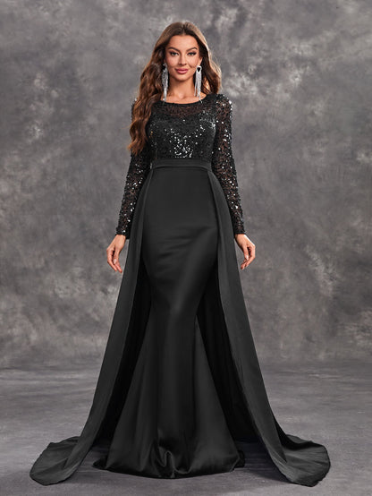 Prom Party Dress Sequined Long Sleeve Round Neck Elegant Black Formal Dress
