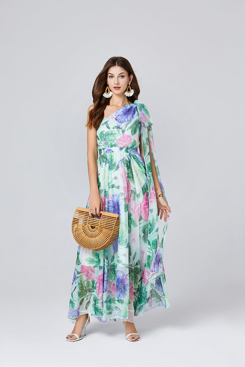 One Shoulder Oblique Strap Printed High Waist Dress Rubber Tight Waist Dress
