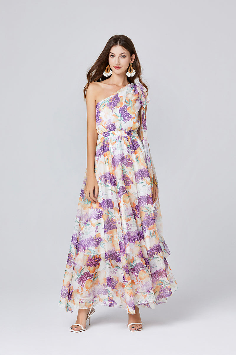 One Shoulder Oblique Strap Printed High Waist Dress Rubber Tight Waist Dress