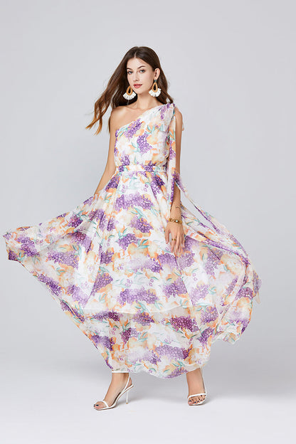 One Shoulder Oblique Strap Printed High Waist Dress Rubber Tight Waist Dress