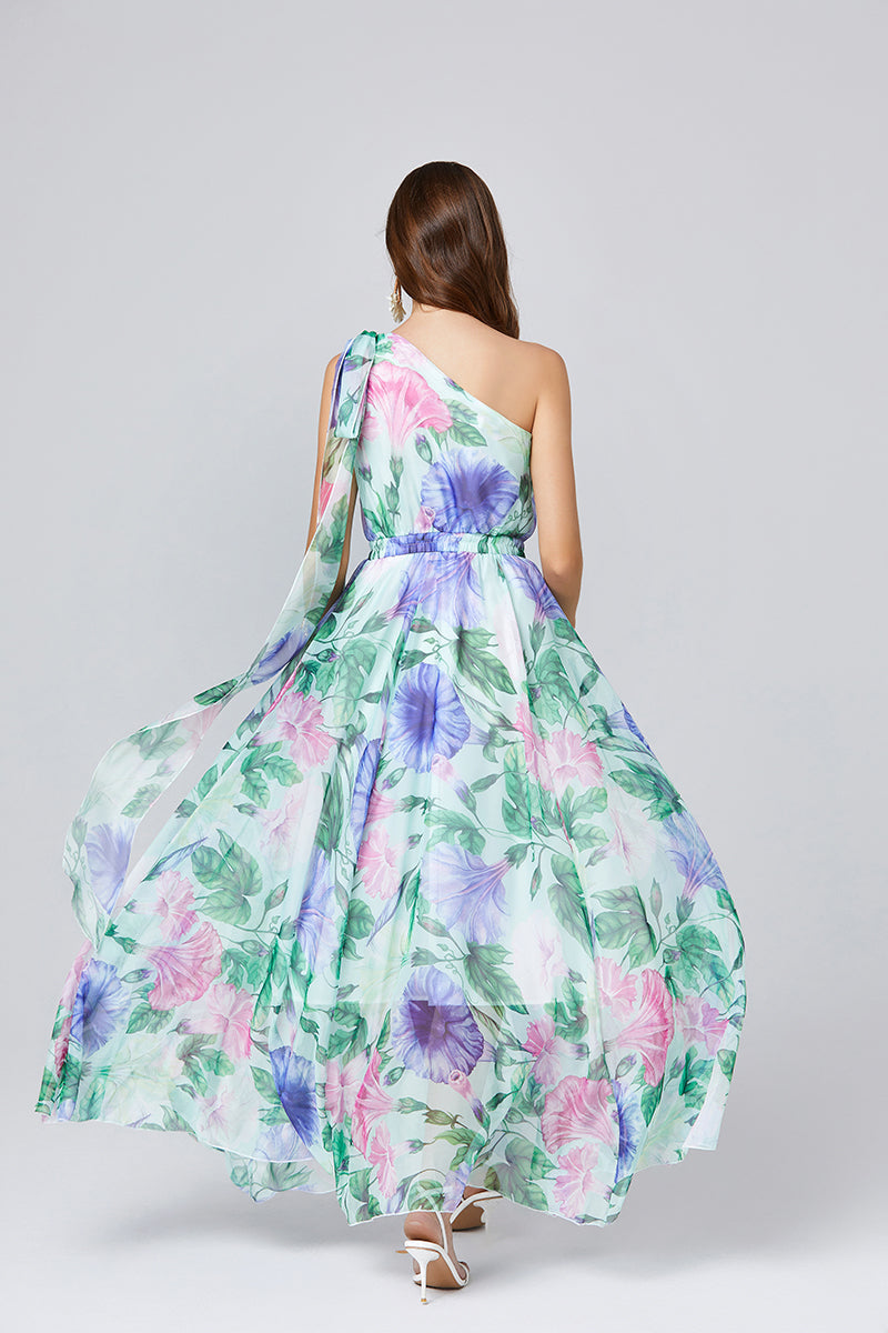 One Shoulder Oblique Strap Printed High Waist Dress Rubber Tight Waist Dress