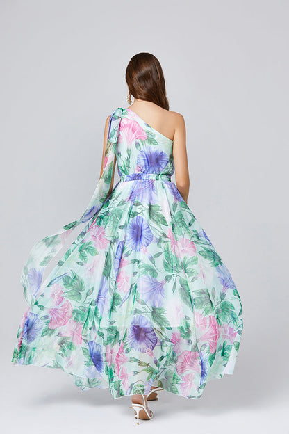 One Shoulder Oblique Strap Printed High Waist Dress Rubber Tight Waist Dress