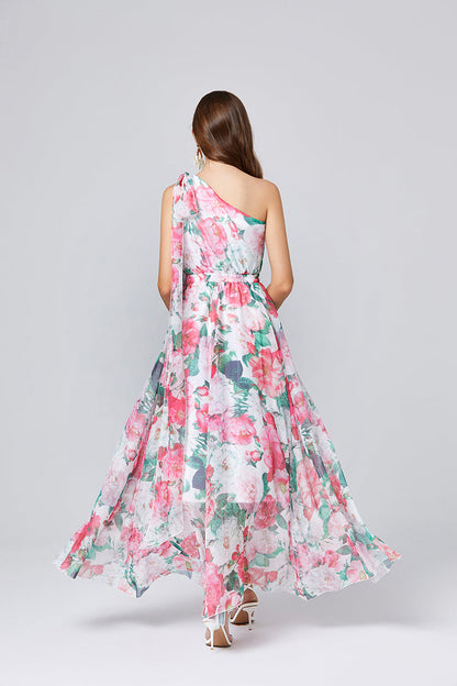 One Shoulder Oblique Strap Printed High Waist Dress Rubber Tight Waist Dress