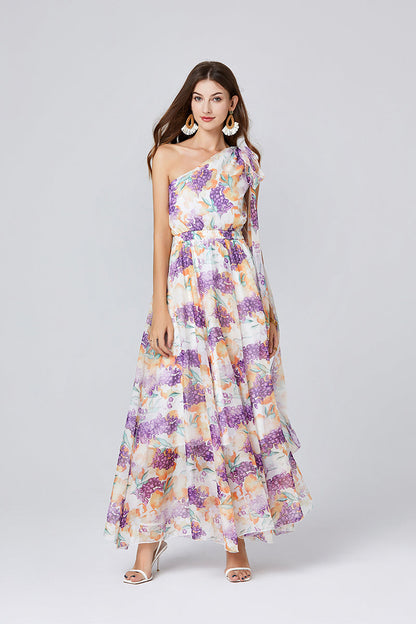 One Shoulder Oblique Strap Printed High Waist Dress Rubber Tight Waist Dress