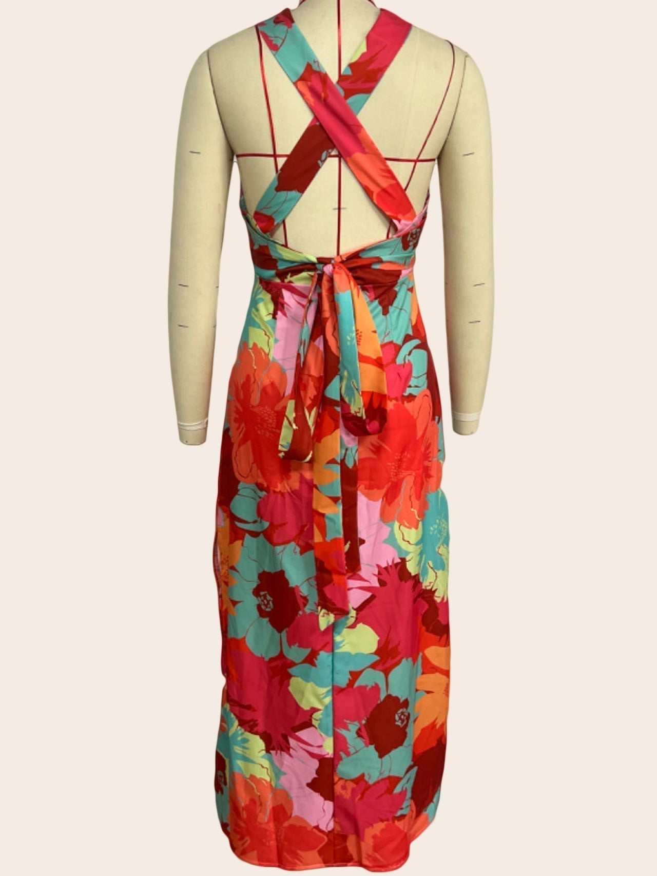 Halter Plunging V Neck Painterly Floral Maxi Dress