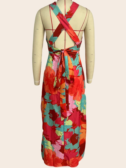 Halter Plunging V Neck Painterly Floral Maxi Dress