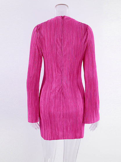 Bodycon Flared Sleeves Pleated Solid Color Mock Neck Mini Dresses