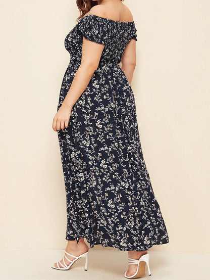 Plus-Size Bohemian Print Pleated Off-The-Shoulder Slit Casual Midi Dress