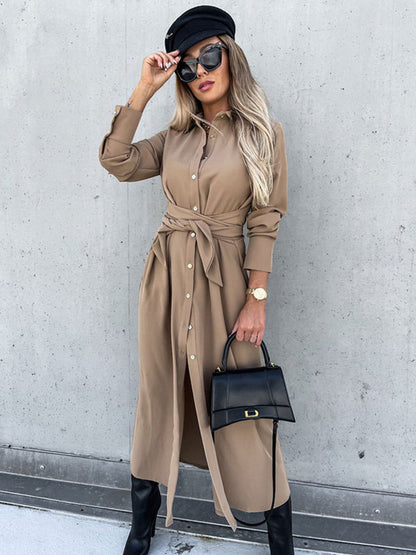 Shirt Dresses Turndown Collar Buttons Solid Color Midi Dress