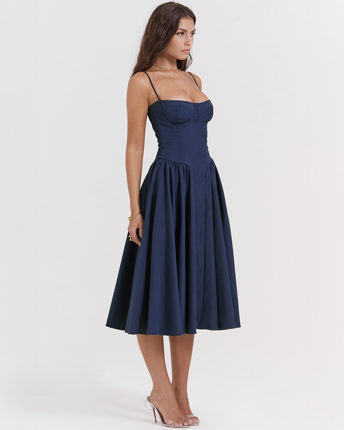 Spaghetti Strap Corset Bodice Basque Waist Pleated A-Line Midi Dress
