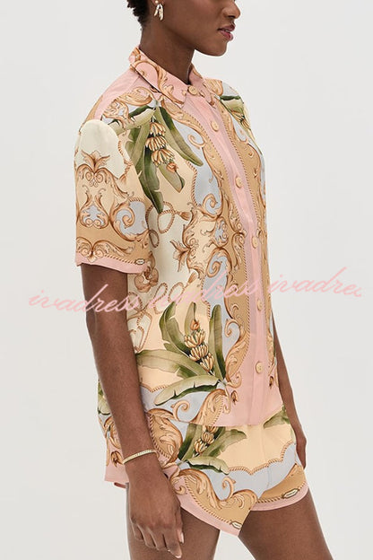 Royalty Unique Print Button Up Short Sleeve Shirt and Elastic Waist Pocketed Loose Shorts Set