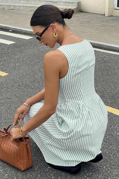 Striped Square Neck Wide Strap Basque Waist Fit and Flare Midi Dress