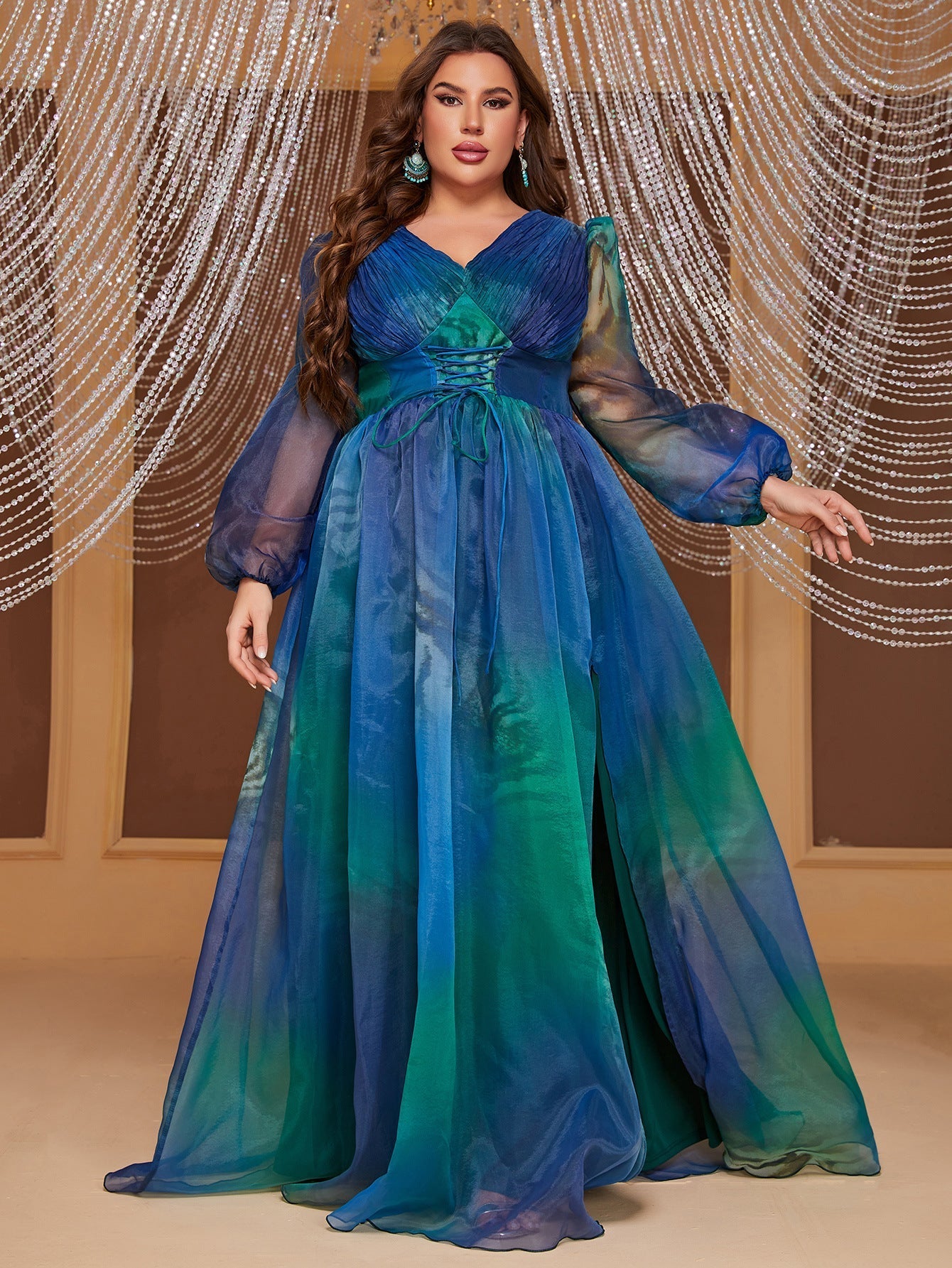 Plus Size Long Sleeve Dress V Neck Peacock Blue Tight Waist Split Elegant Dress