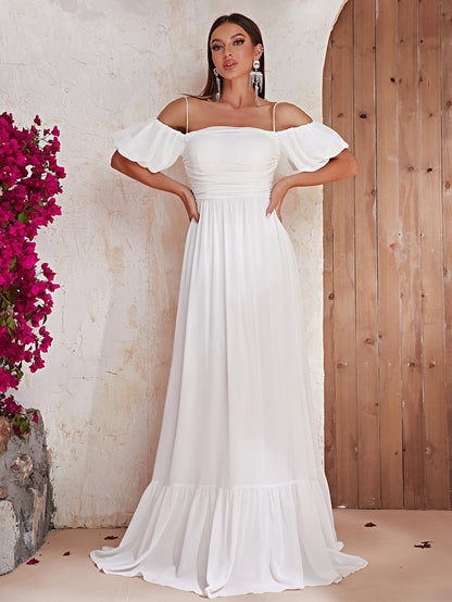 Off Shoulder White Maxi Dress Short Sleeve Prom Evening Dress Long Casual Holiday Dress