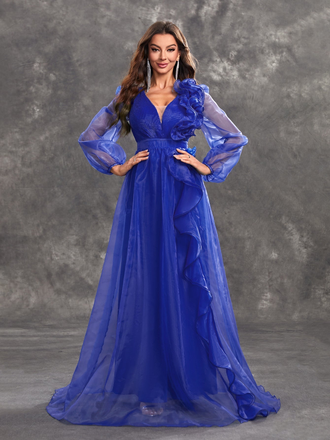 Prom Evening Dress V Neck Long Sleeve Three Dimensional Flounce Decorative Elegant Dress