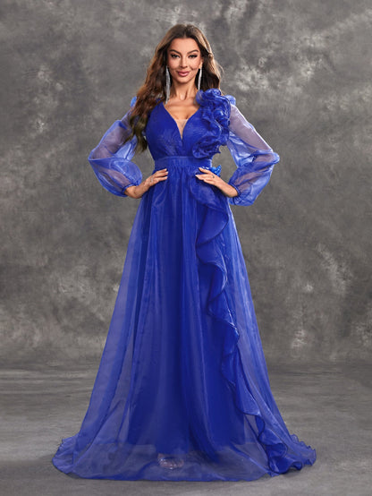 Prom Evening Dress V Neck Long Sleeve Three Dimensional Flounce Decorative Elegant Dress