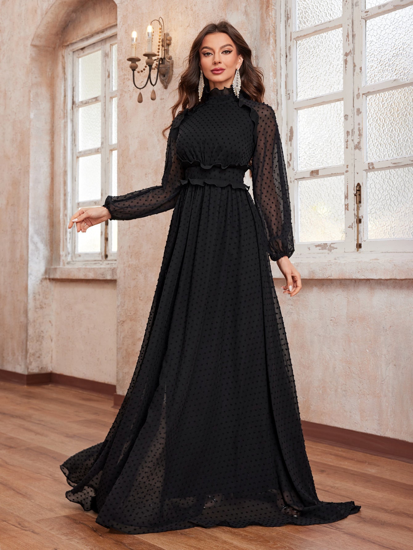 Chiffon Long With Wooden Ear High Collar Polka Dot Waist Long Sleeve Elegant Floor Dress