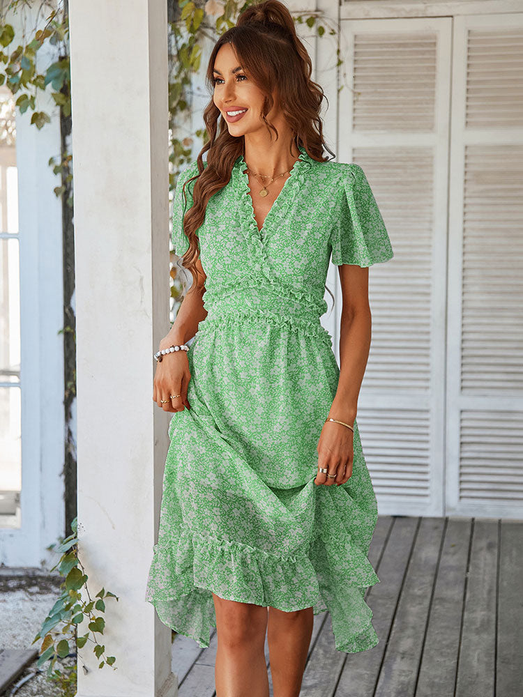 Printed V-Neck Short Sleeves Midi Dress