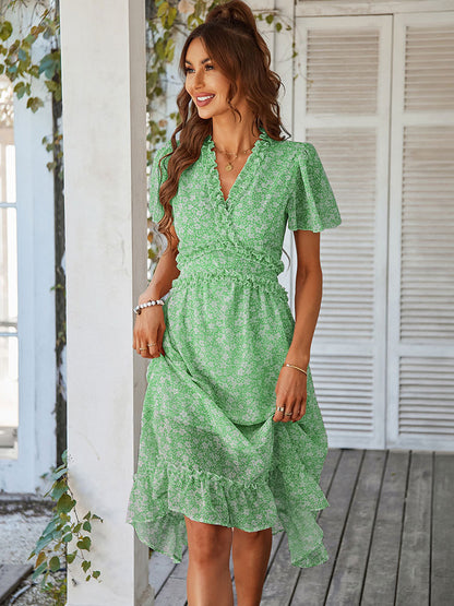 Printed V-Neck Short Sleeves Midi Dress
