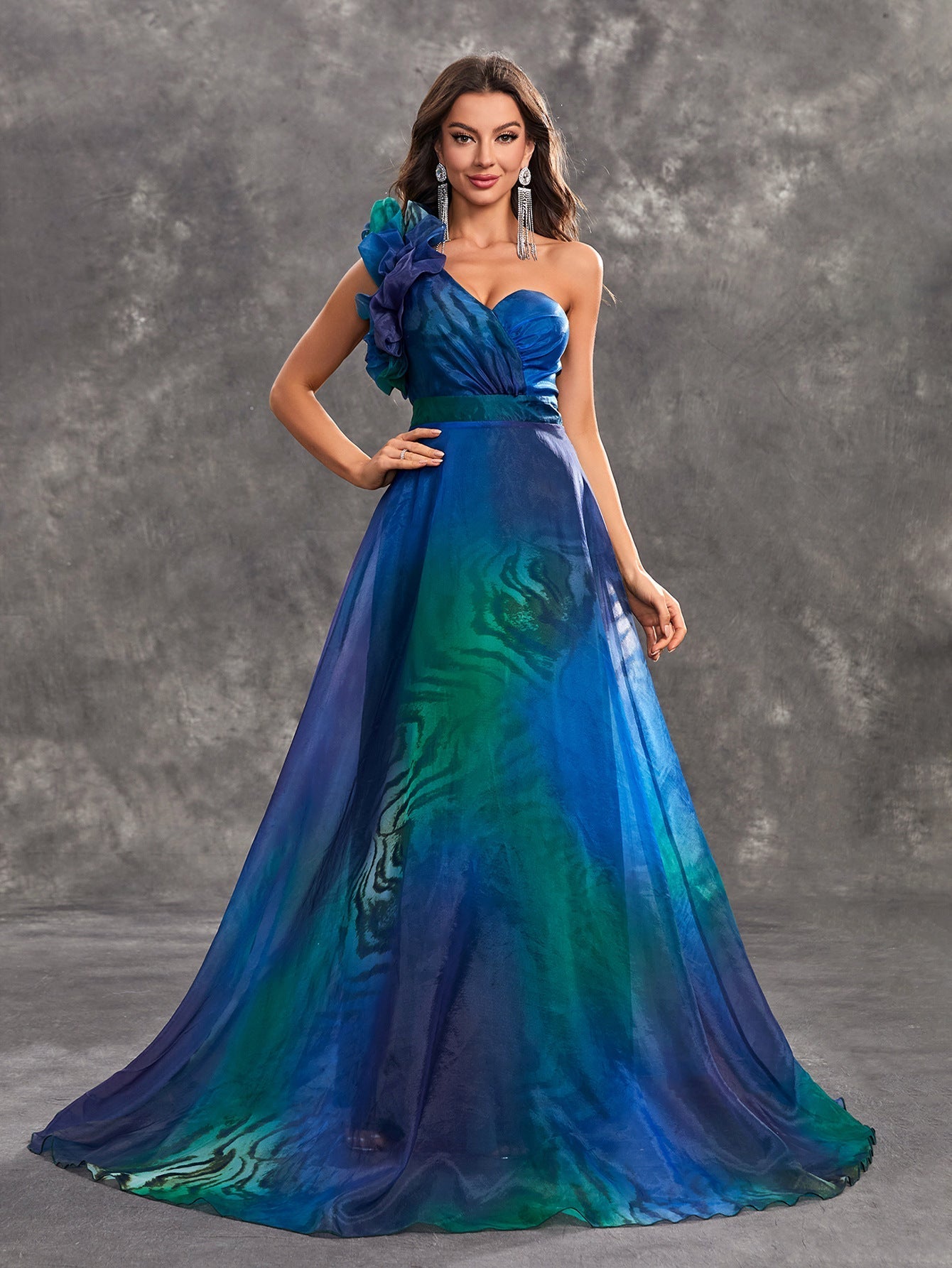 Prom Evening Dress Peacock Blue Printed Three Dimensional Lace Sleeveless Cold Shoulder Party Evening Dress