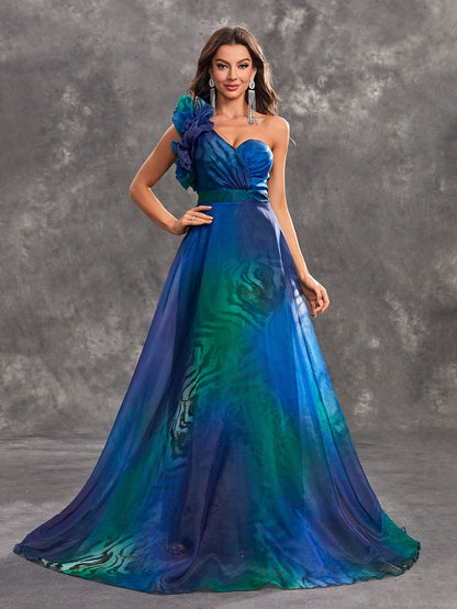Prom Evening Dress Peacock Blue Printed Three Dimensional Lace Sleeveless Cold Shoulder Party Evening Dress
