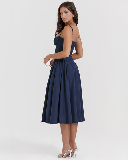 Spaghetti Strap Corset Bodice Basque Waist Pleated A-Line Midi Dress