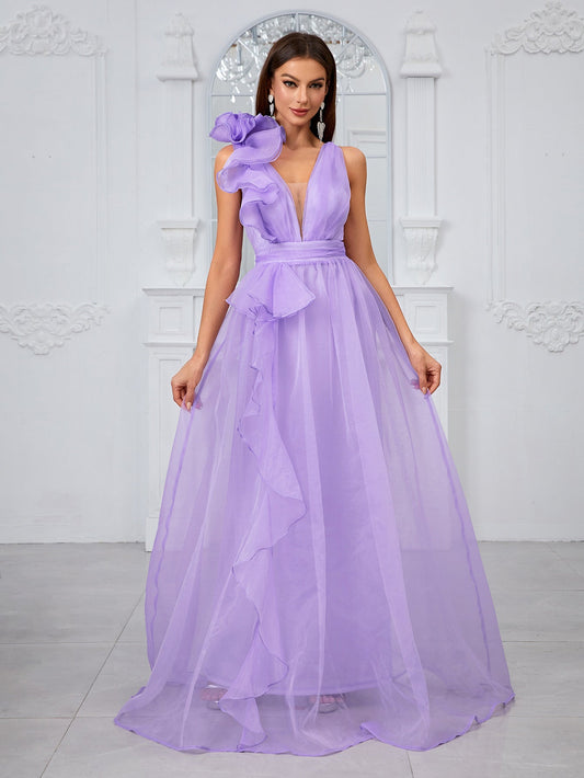 Organza Three Dimensional Lace Sleeveless V Neck Girdle Sweet Romantic Party Evening Dress