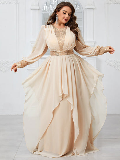 Plus Size Chiffon Stitching Sequined Lantern Sleeve Irregular Asymmetric Ruffles Elegant Party Dress