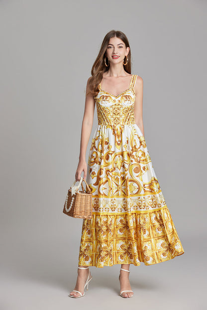 Print Position Halter Slim Waistline A Line Dress