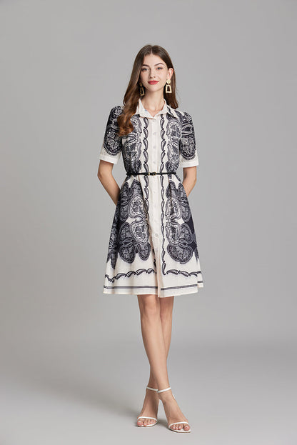 Printed Button A Line Shirt Dress