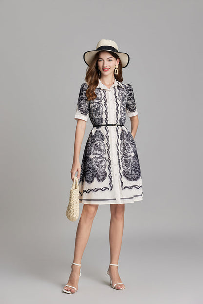 Printed Button A Line Shirt Dress